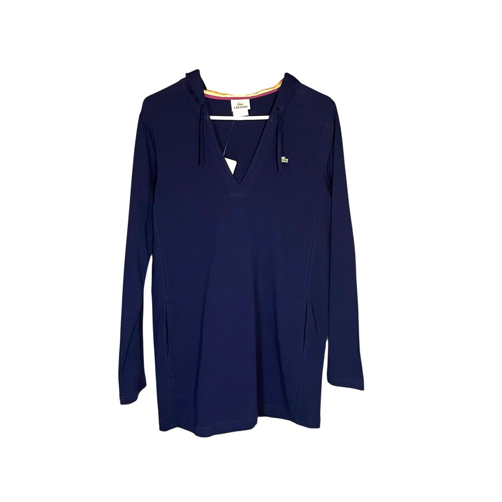 Lacoste NWT Women's V Neck Hoodie Top Blue Size 10 Retails $128